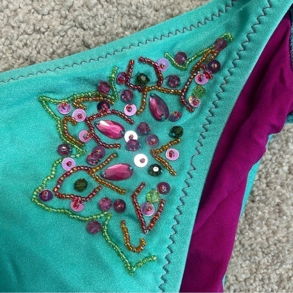 Becca teal purple beaded bikini with side tie M - Picture 3 of 8